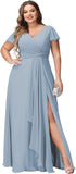 Vestidos de dama de honor de talla grande con mangas con volantes y bolsillos, vestido formal largo con escote en V y abertura. 