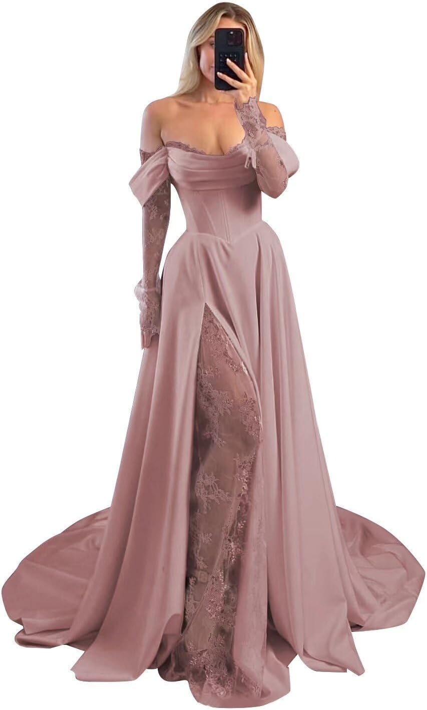 Off Shoulder Satin Wedding Dresses Lace Long Sleeve Prom Dresses Corset A-Line Ball Gowns with Slit