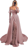 Off Shoulder Satin Wedding Dresses Lace Long Sleeve Prom Dresses Corset A-Line Ball Gowns with Slit