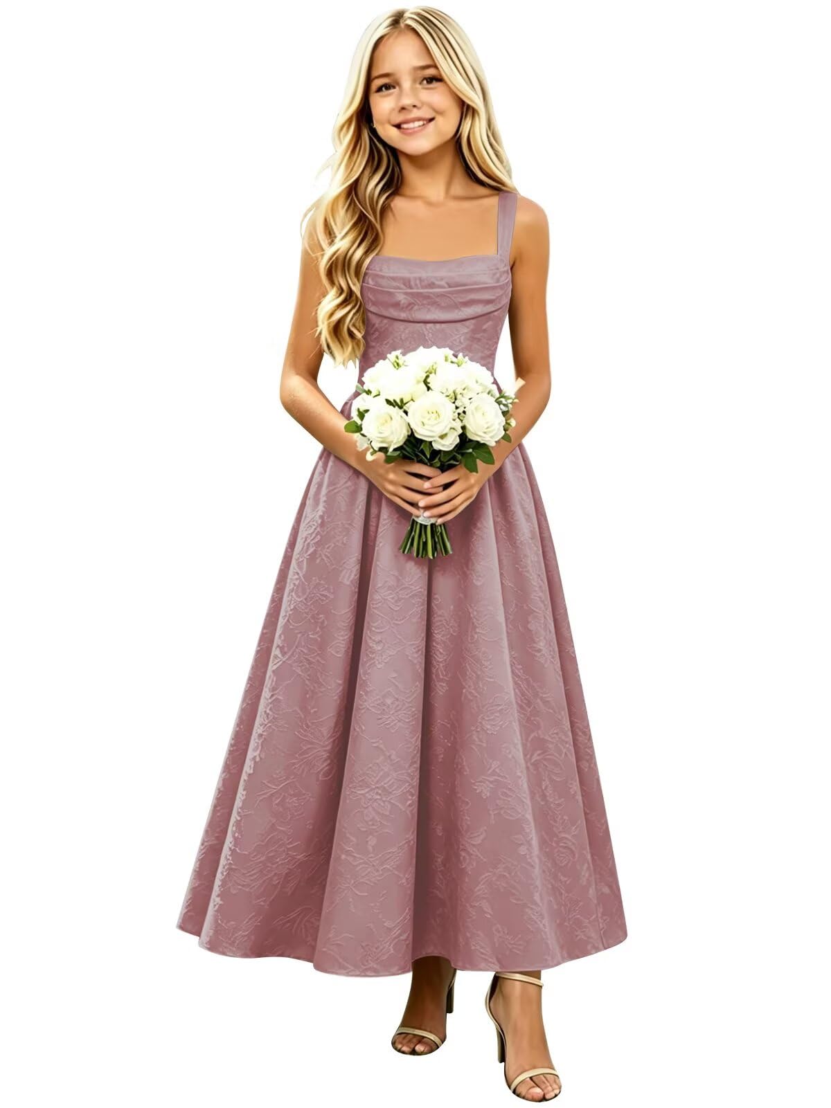 Girls Floral Satin Jacquard Junior Bridesmaid Dresses Long Ruched Flower Girl Dress for Wedding