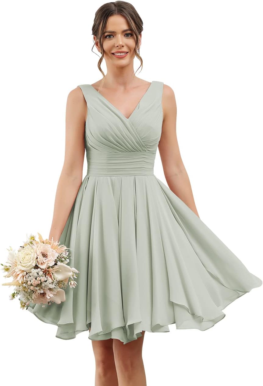 Double V Neck Short Bridesmaid Dresses for Women 2025 Chiffon A Line Formal Evening Gowns with Pockets