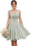 Double V Neck Short Bridesmaid Dresses for Women 2025 Chiffon A Line Formal Evening Gowns with Pockets