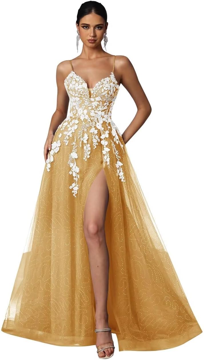 Tulle Prom Dresses 2027 Puffy Ball Gown for Women Formal V Neck Lace Appliques Evening Gown with Slit Long Homecoming Dress