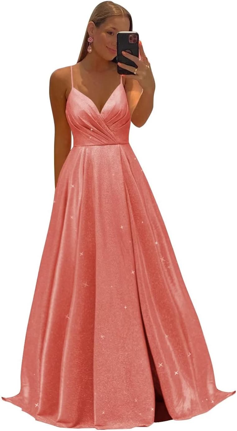 Women's Spaghetti Straps Prom Dresses Long V-Neck Sparkling Bridesmaid Dresses Formal Evening Gowns with High Slit