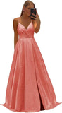 Women's Spaghetti Straps Prom Dresses Long V-Neck Sparkling Bridesmaid Dresses Formal Evening Gowns with High Slit