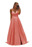 Women's Spaghetti Straps Prom Dresses Long V-Neck Sparkling Bridesmaid Dresses Formal Evening Gowns with High Slit