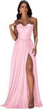 Strapless Prom Dress with Slit Satin A Line Long Ball Gowns for Women Sweetheart Corset Formal Dress with Pockets