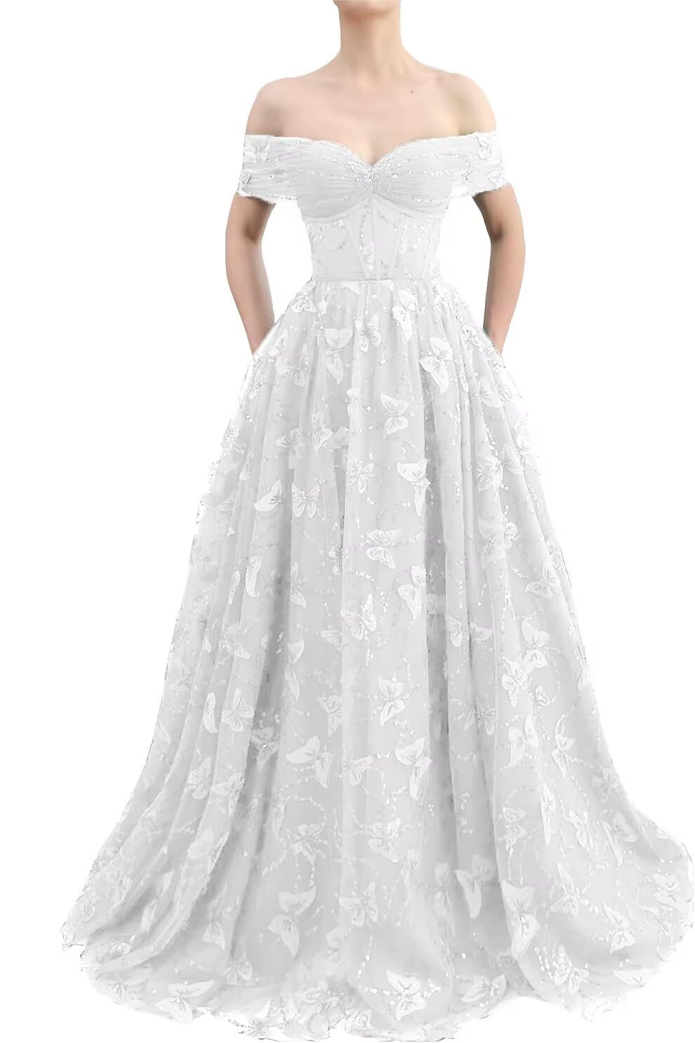 Sparkly Off Shoulder Tulle Prom Dresses with Butterfly Appliques Long A Line Formal Evening Party Gowns for Women
