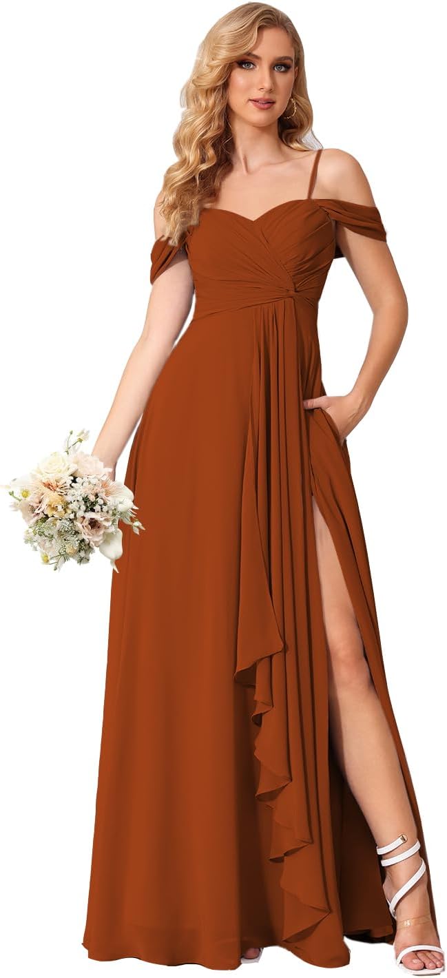 Damen Schulterfreies Brautjungfernkleid Lang mit Schlitz Chiffon Rüschen Falten Formales Partykleid 