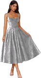 Jacquard Satin Prom Dresses 2026 Floral Square Neck Tea Length Ruched Elegant Formal Ball Gown with Pockets