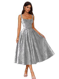 Jacquard Satin Prom Dresses 2026 Floral Square Neck Tea Length Ruched Elegant Formal Ball Gown with Pockets