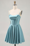 Spaghetti Straps Satin Homecoming Dresses for Teens Ruched Corset Short Prom Dresses 2026