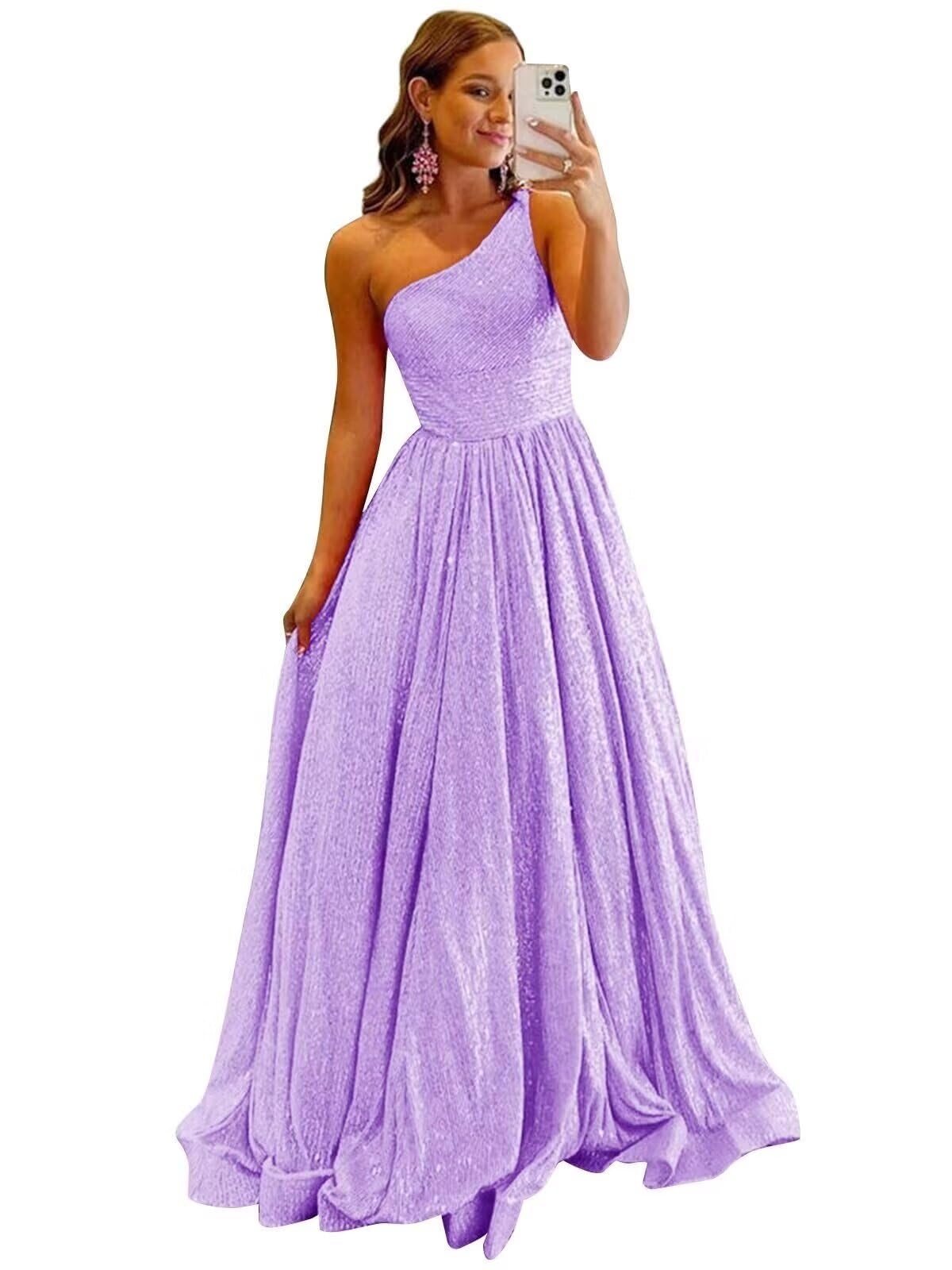One Shoulder Sequin Prom Dresses for Women 2027 Sparkly Long A-Line Formal Evening Party Ball Gowns with Pockets