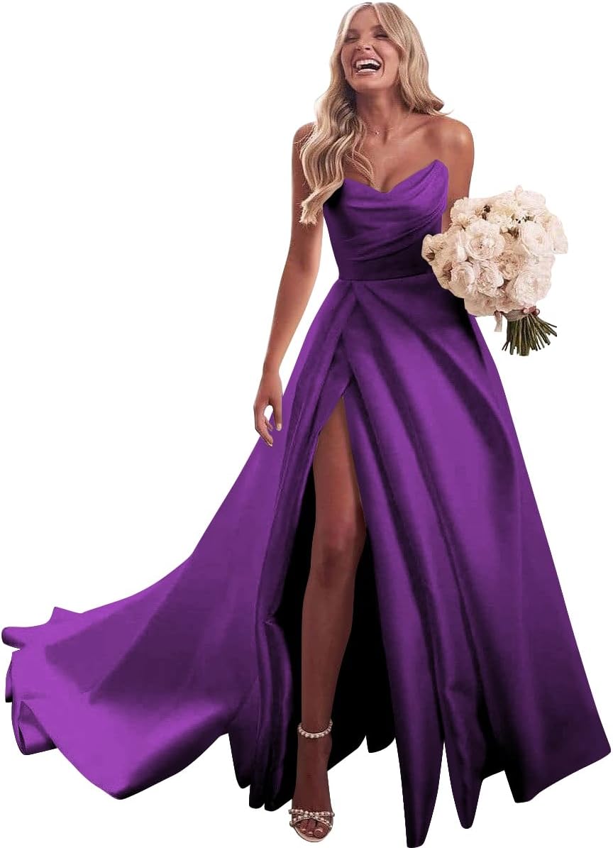 Strapless Satin Prom Wedding Dresses with Slit Long Pleats Formal Ball Bridal Gowns with Pockets