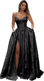 Satin Spaghetti Straps Prom Dresses for Women Jacquard Aline Backless Formal Evening Party Ball Gowns with Pockets