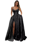 Satin Spaghetti Straps Prom Dresses for Women Jacquard Aline Backless Formal Evening Party Ball Gowns with Pockets