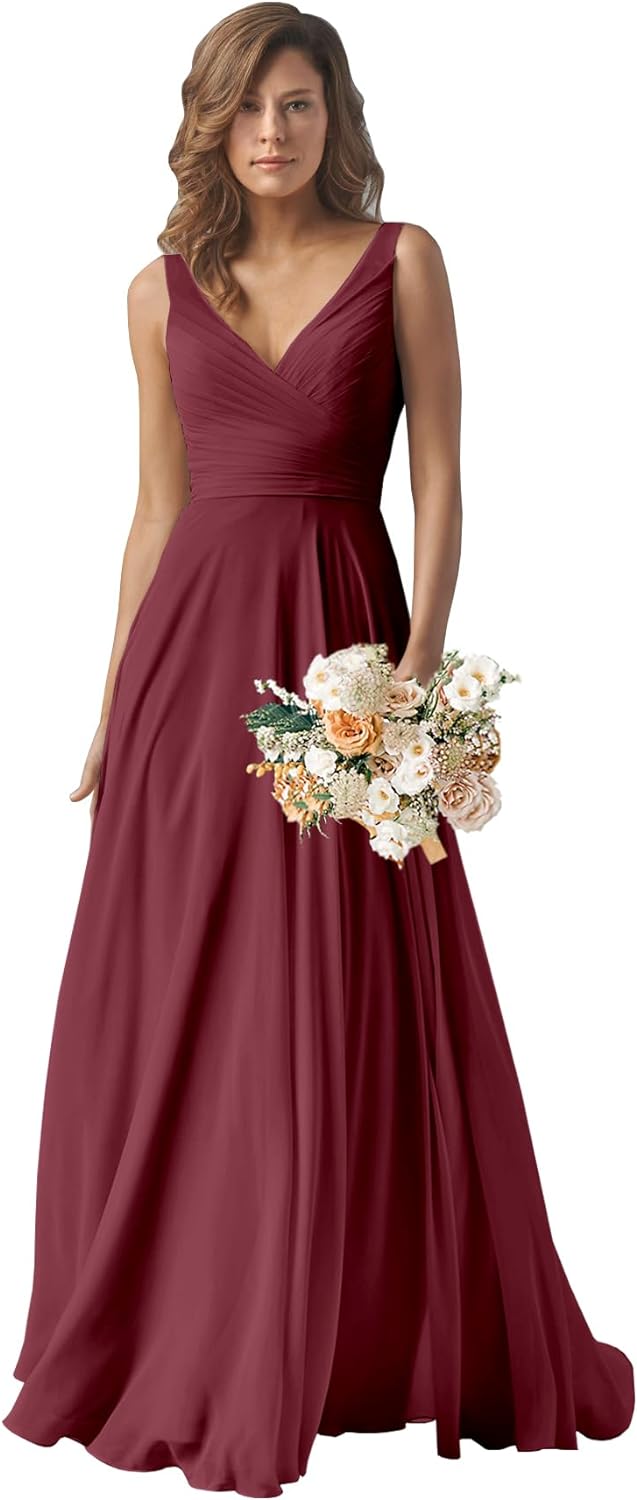 Chiffon Bridesmaid Dresses Long for Women A Line Ruched Formal Porm Evening Gowns