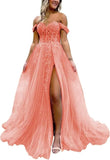 Off The Shoulder Tulle Prom Dress with Laces Applique A-line Slit Long Ball Gowns Glitter Formal Evening Dress