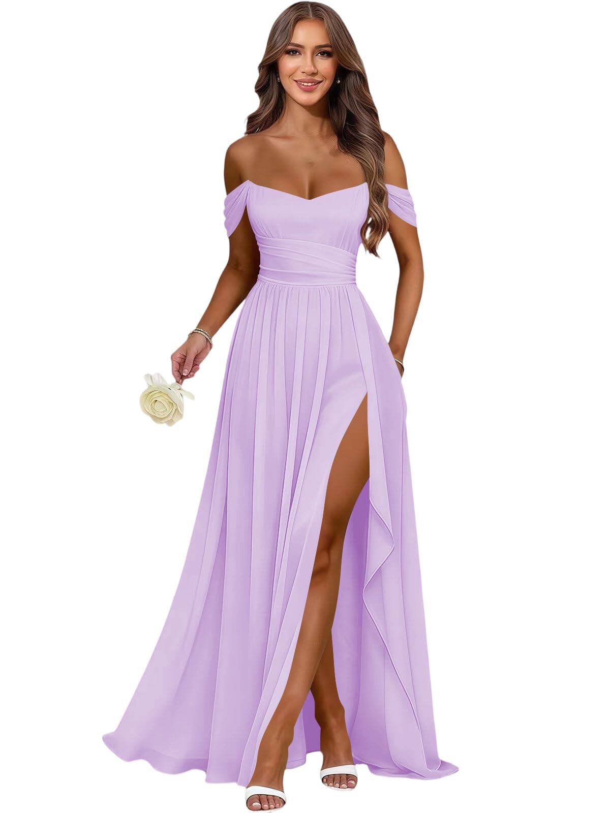 Women's Long Chiffon Bridesmaid Dresses with Slit Off Shoulder A-Line Formal Prom Evening Gown Maxi Wedding Guest Dress