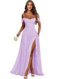 Women's Long Chiffon Bridesmaid Dresses with Slit Off Shoulder A-Line Formal Prom Evening Gown Maxi Wedding Guest Dress
