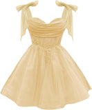 Tulle Short Homecoming Dress for Teens Sparkly Lace DAMA Dresses for Quinceanera Spaghetti Straps Bow Prom Gown
