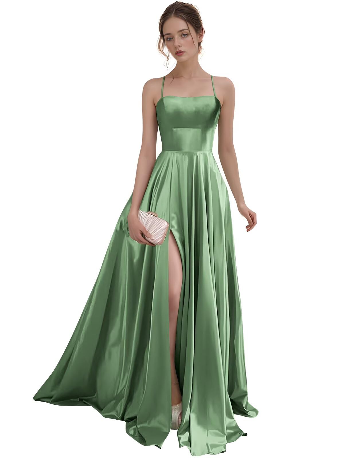 Women's Satin Prom Dresses with Slit Strapless A Line Corset Ball Gowns Spaghetti Straps Formal Evening Gowns with Pockets