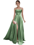 Women's Satin Prom Dresses with Slit Strapless A Line Corset Ball Gowns Spaghetti Straps Formal Evening Gowns with Pockets
