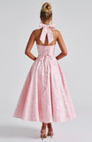 Jacquard Satin Prom Dresses for Women Vintage A-Line Midi Halter Sweetheart Formal Evening Party Gowns with Pockets