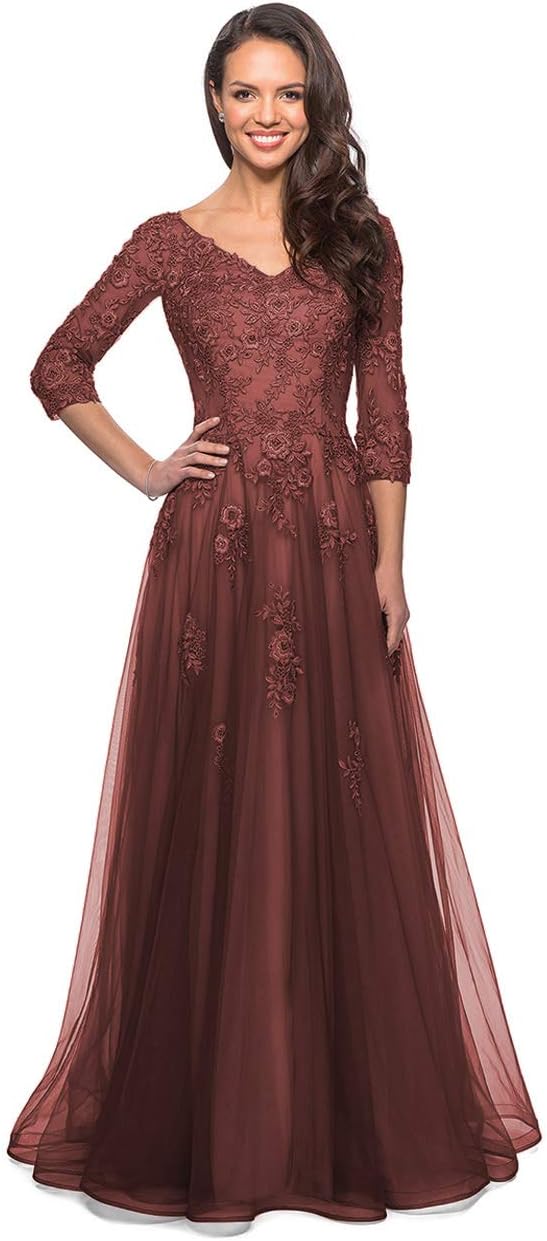 Women's Floral Lace Appliques 3/4 Sleeve Mother of The Bride Dresses Long V Neck Formal Dresses with Pockets
