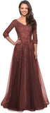 Women's Floral Lace Appliques 3/4 Sleeve Mother of The Bride Dresses Long V Neck Formal Dresses with Pockets
