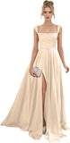 Spaghetti Straps Satin Bridesmaid Dresses for Women Long A-Line Square Neck Formal Evening Party Gown with Slit