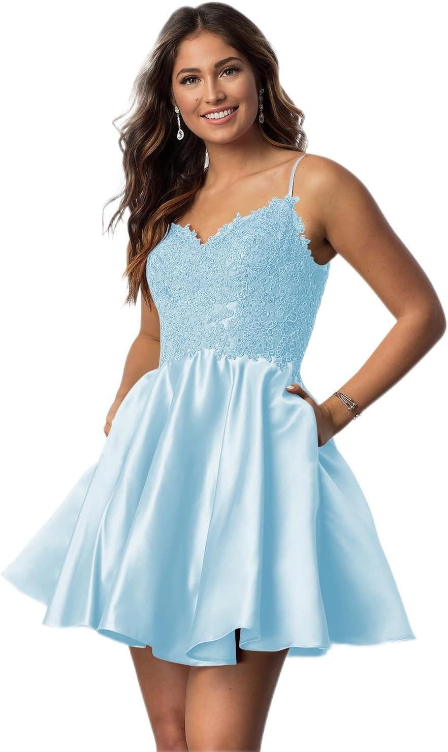 Vestidos cortos de fiesta con tirantes finos para jóvenes, con encaje, escote en V y bolsillos.