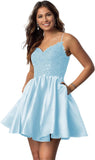 Vestidos cortos de fiesta con tirantes finos para jóvenes, con encaje, escote en V y bolsillos.