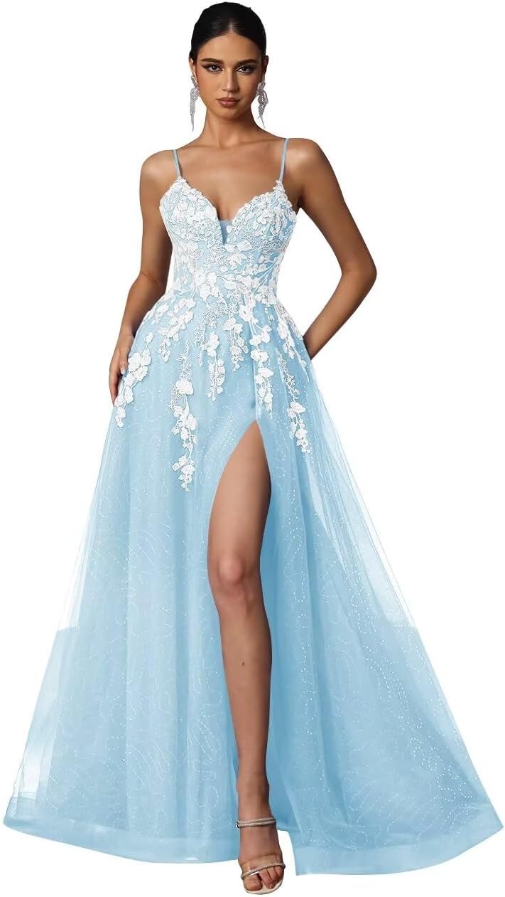 Tulle Prom Dresses 2027 Puffy Ball Gown for Women Formal V Neck Lace Appliques Evening Gown with Slit Long Homecoming Dress