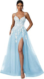 Tulle Prom Dresses 2027 Puffy Ball Gown for Women Formal V Neck Lace Appliques Evening Gown with Slit Long Homecoming Dress
