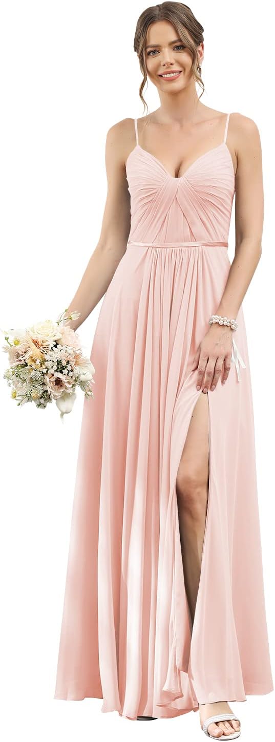 Vestidos de dama de honor largos con tirantes finos y bolsillos, plisados, formales, de noche, con abertura 