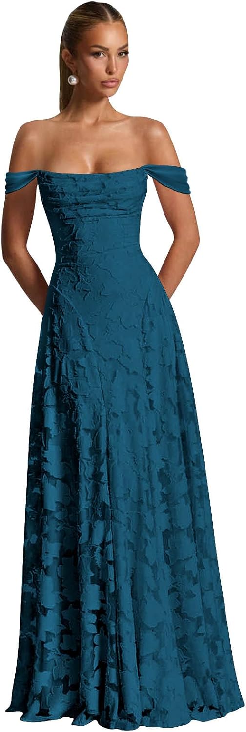 Off The Shoulder Floral Bridesmaid Dresses Long Lace Appliques Formal Gown A Line Wedding Guest Dress