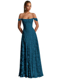 Off The Shoulder Floral Bridesmaid Dresses Long Lace Appliques Formal Gown A Line Wedding Guest Dress