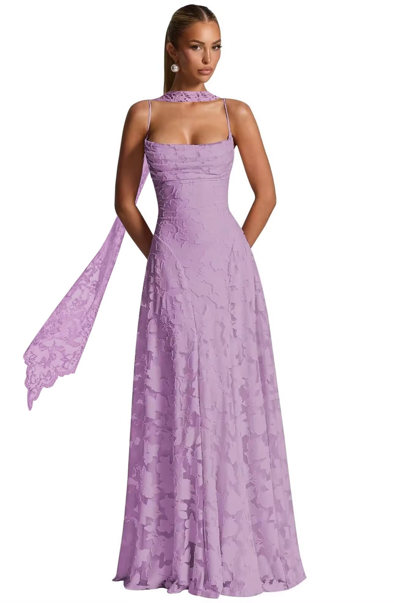 Floral Lace Bridesmaid Dresses for Women Long Spaghetti Straps Formal Evening Gowns with Scarf
