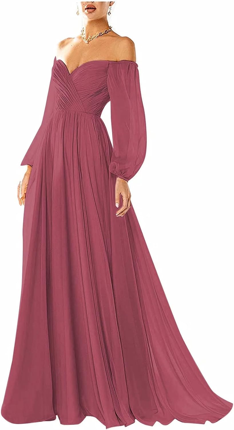 Vestido de fiesta con hombros descubiertos, manga larga, estilo formal, plisado, corte A, para mujer
