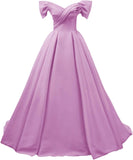 Off Shoulder Satin Prom Dresses for Women V-Neck Elegant A-Line Long Pleated Formal Evening Gown