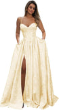 Satin Spaghetti Straps Prom Dresses for Women Jacquard Aline Backless Formal Evening Party Ball Gowns with Pockets