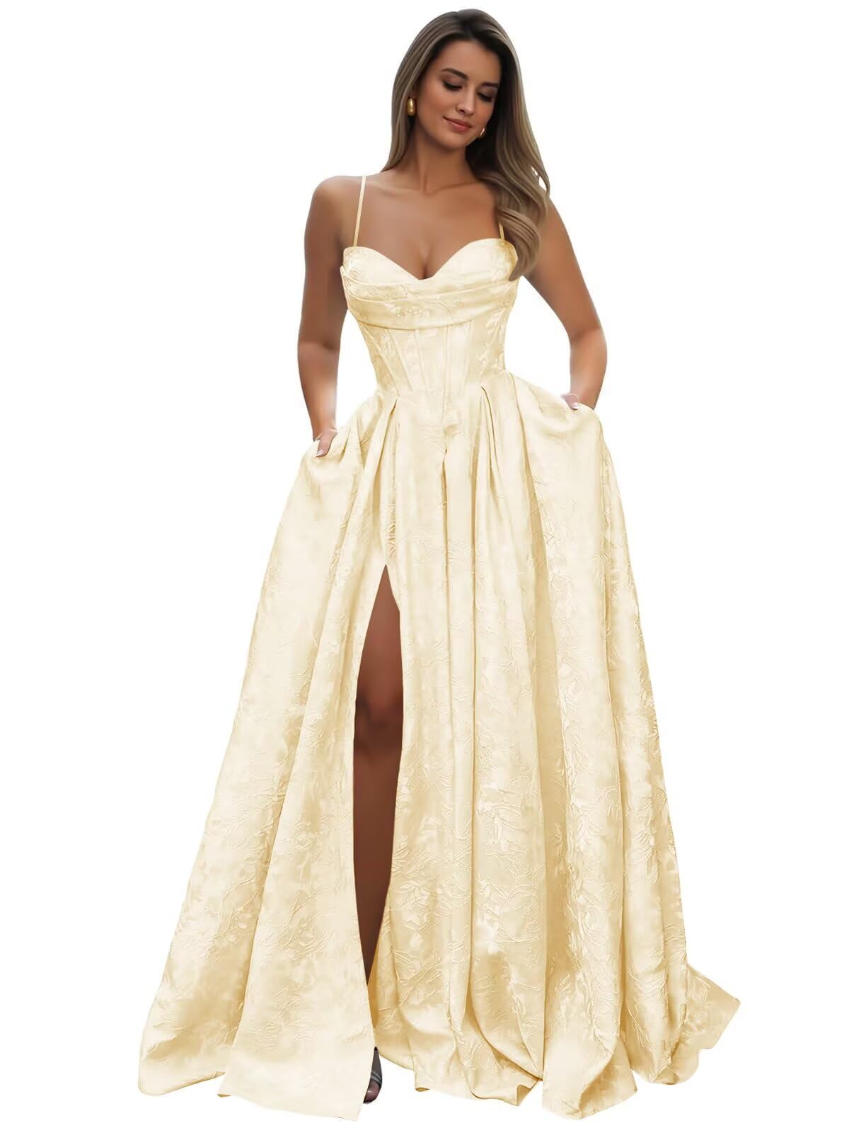 Satin Spaghetti Straps Prom Dresses for Women Jacquard Aline Backless Formal Evening Party Ball Gowns with Pockets