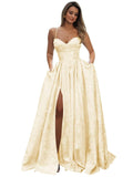 Jacquard Satin Spaghetti Straps Prom Dresses for Women Aline Backless Formal Evening Party Ball Gowns with Pockets