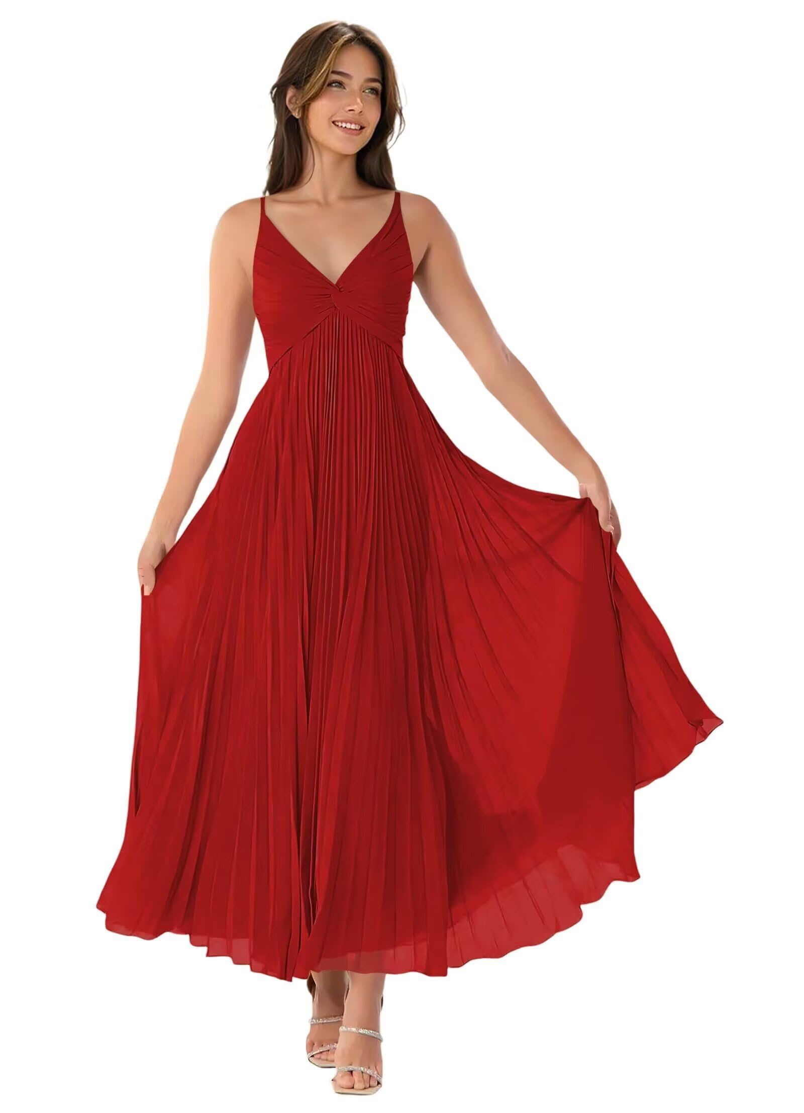 V-Neck Pleated Bridesmaid Dresses for Women Chiffon Spaghetti Straps Pleates Long Formal Wedding Guest Dress