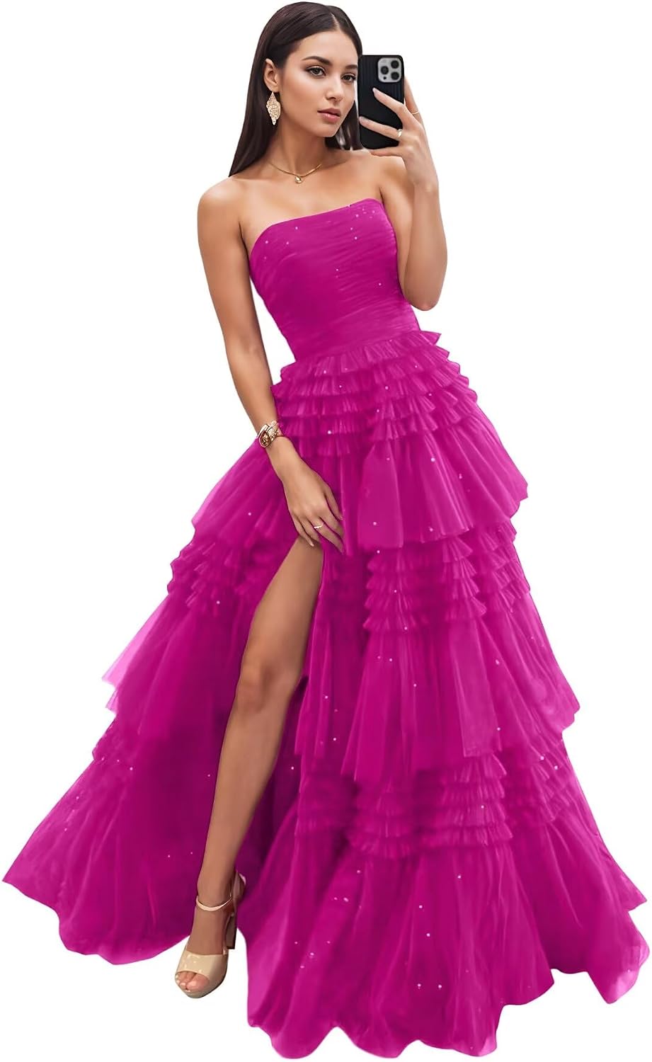 Strapless Tiered Tulle Prom Dresses for Women 2027 Long Sparkly A-Line Formal Evening Party Ball Gowns with Slit