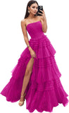 Strapless Tiered Tulle Prom Dresses for Women 2027 Long Sparkly A-Line Formal Evening Party Ball Gowns with Slit