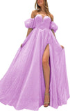 Tulle Prom Dresses for Women 2027 Sparkly Puffy Sleeves Long Ball Gowns with Slit A-Line Evening Dresses