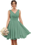 Double V Neck Short Bridesmaid Dresses for Women 2025 Chiffon A Line Formal Evening Gowns with Pockets