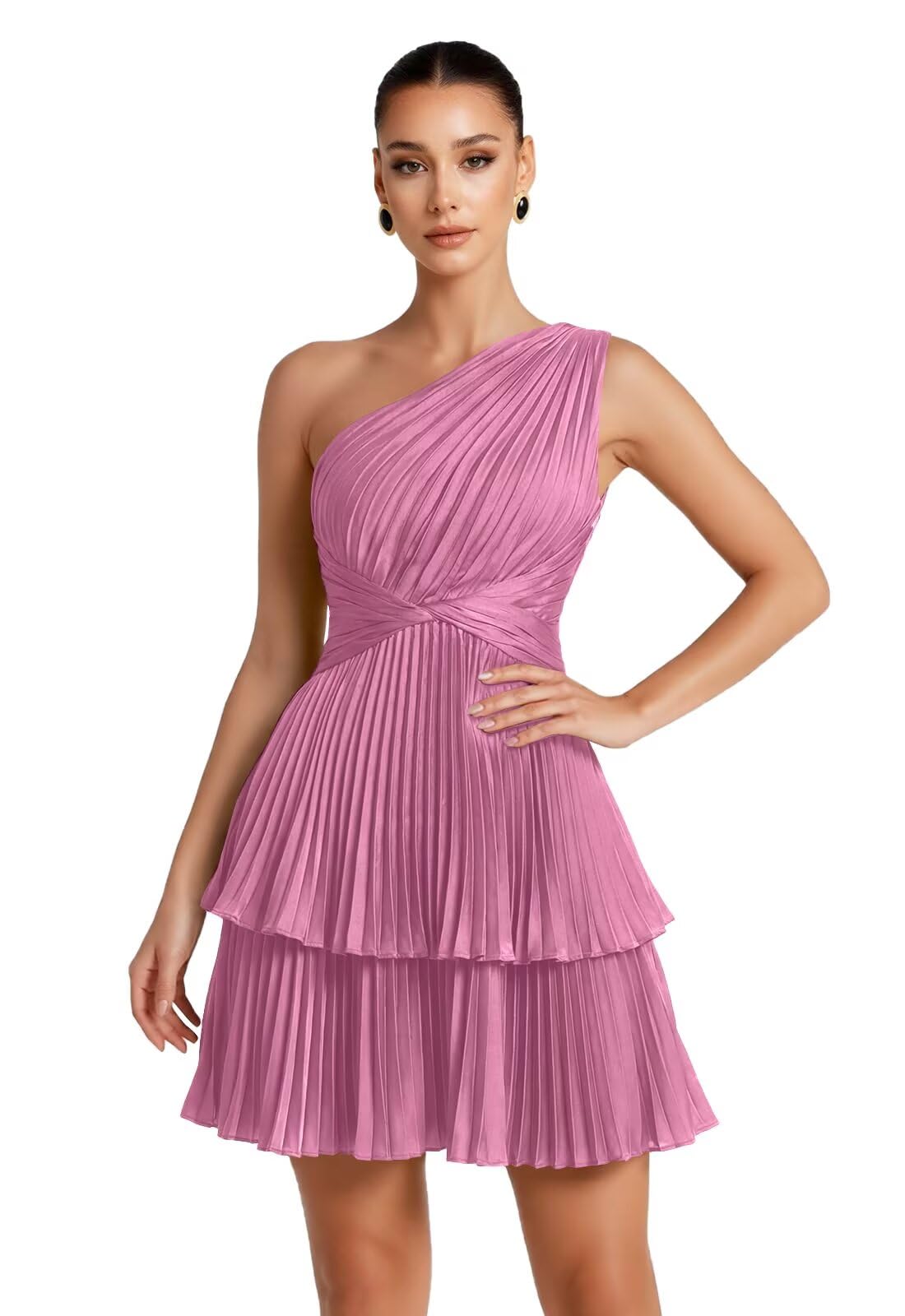 One Shoulder Satin Homecoming Dresses for Teens 2026 Short A-line Prom Dress Pleated Tiered Cocktail Party Gowns